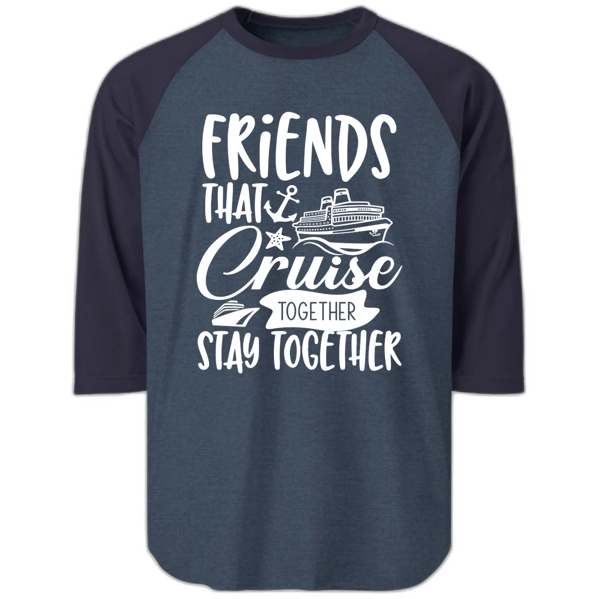 Friends That Cruise Together Raglan 3/4 in Heather Denim Navy