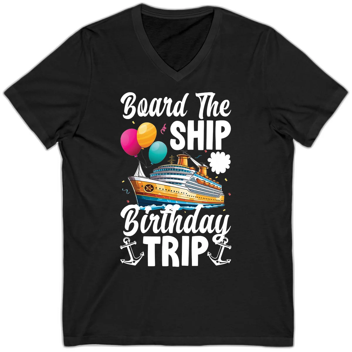 Board The Ship Birthday Trip V-Neck Tee in Black