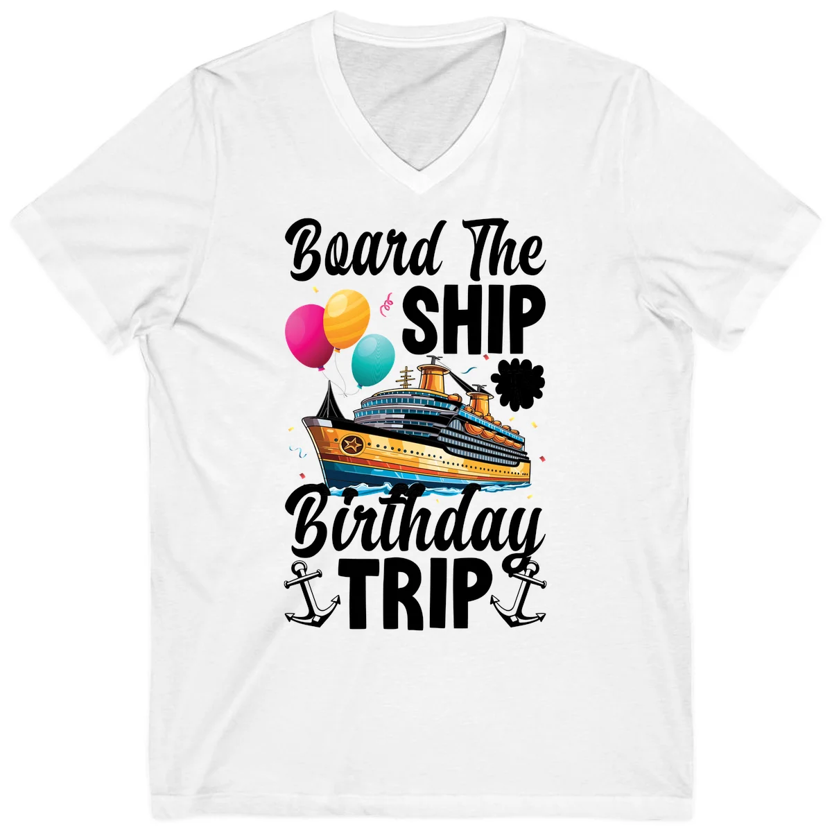 Board The Ship Birthday Trip V-Neck Tee in White