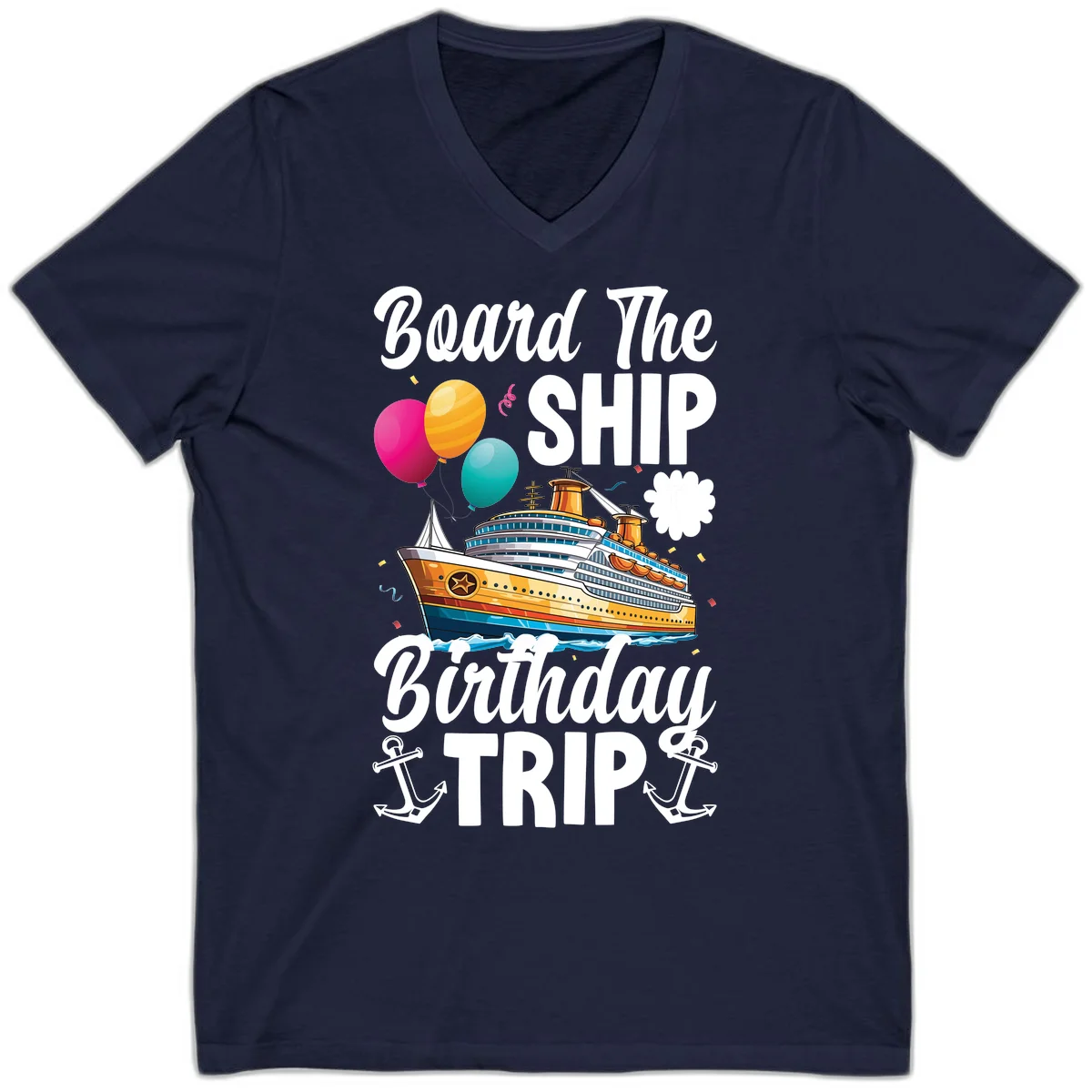 Board The Ship Birthday Trip V-Neck Tee in Navy