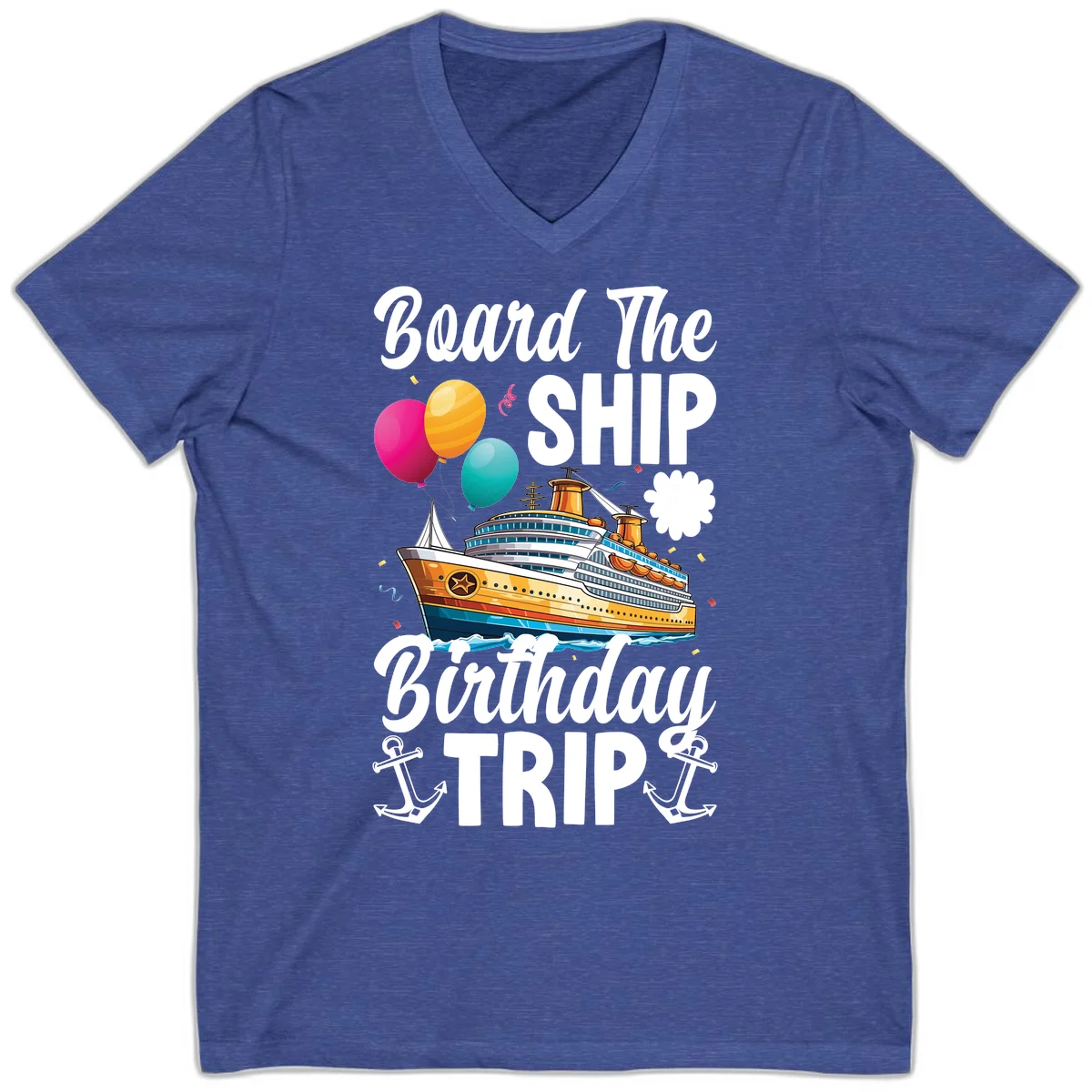 Board The Ship Birthday Trip V-Neck Tee in Heather True Royal