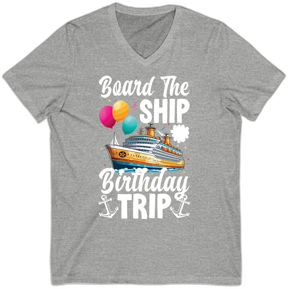 Board The Ship Birthday Trip V-Neck Tee in Athletic Heather