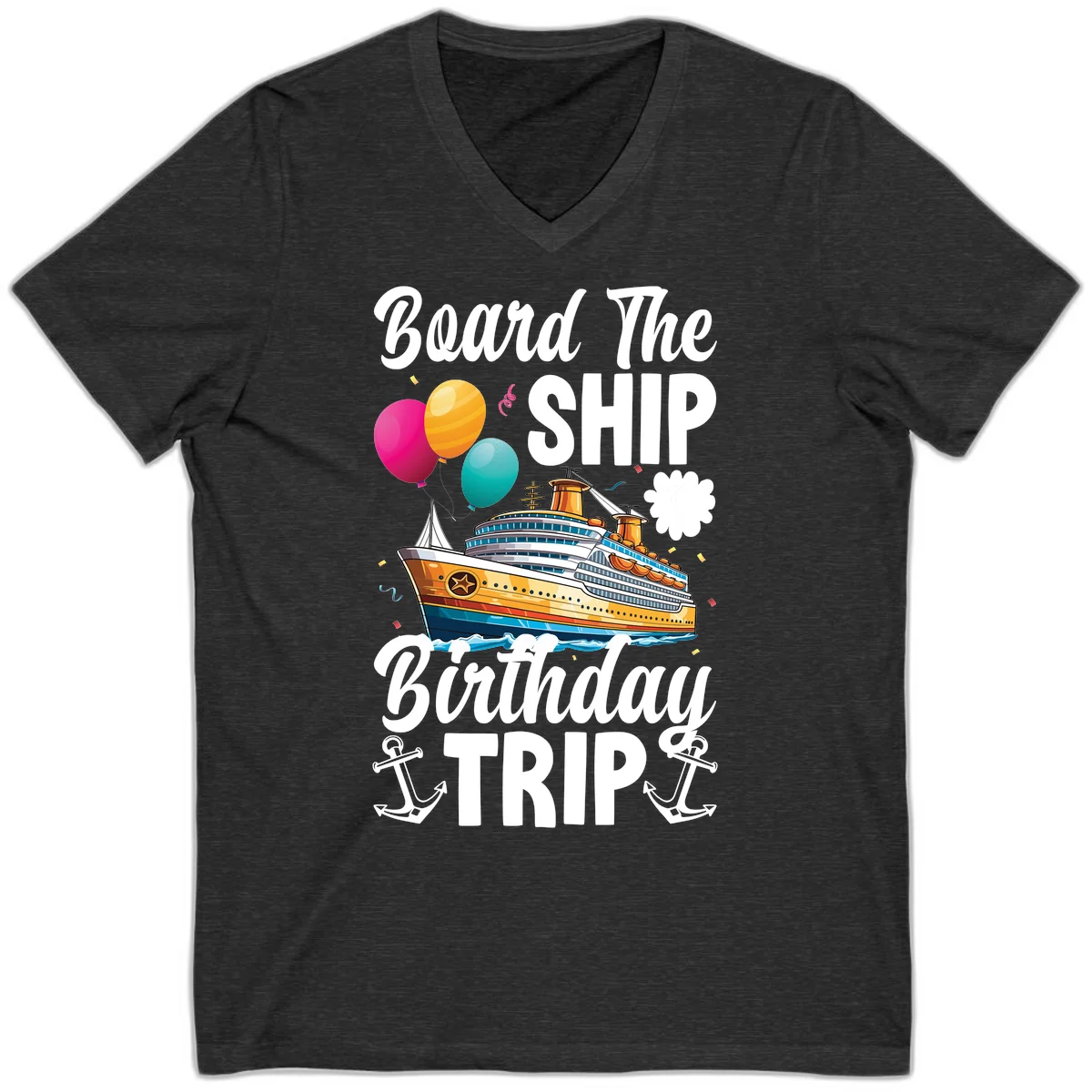 Board The Ship Birthday Trip V-Neck Tee in Dark Grey Heather