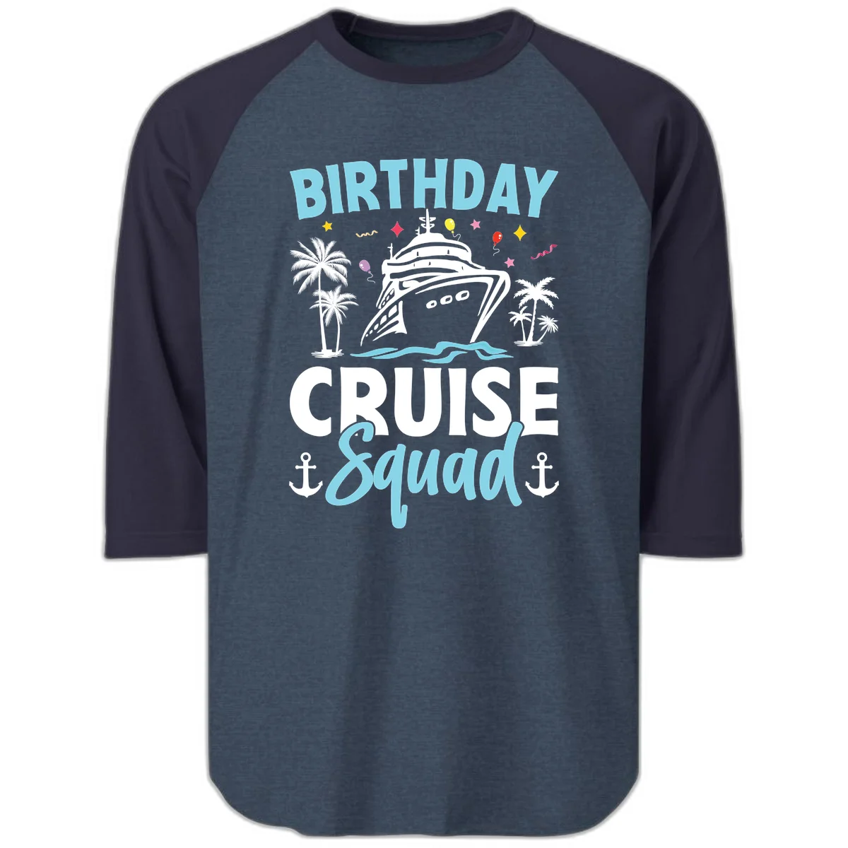 Birthday Cruise Squad Raglan 3/4 Tee in Heather Denim Navy