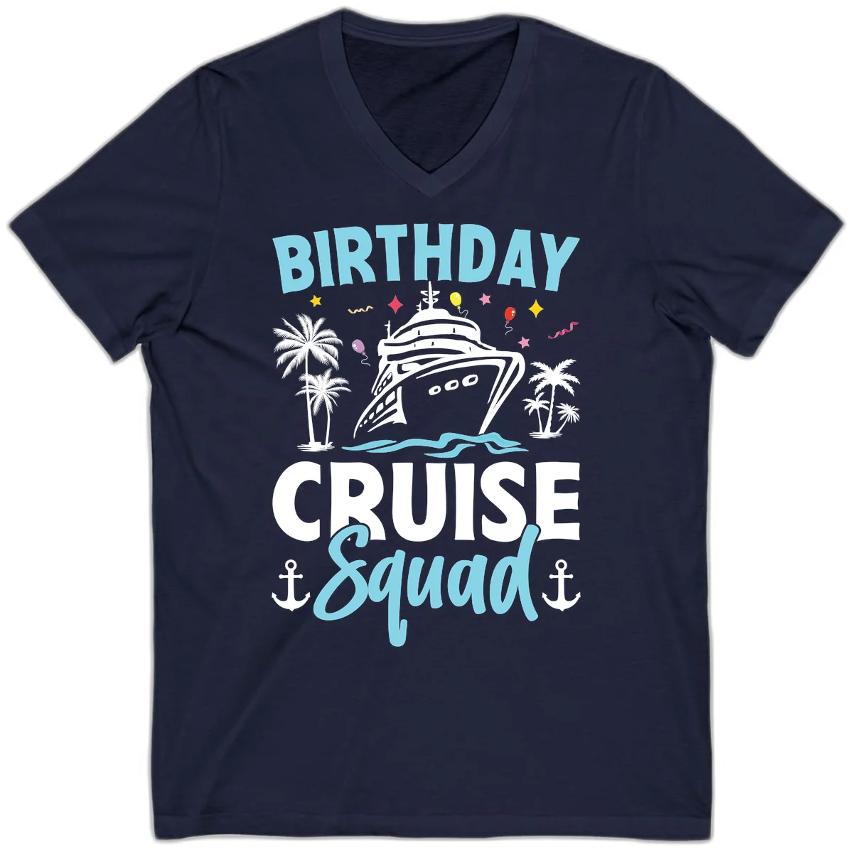 Birthday Cruise Squad V-Neck Tee in Navy