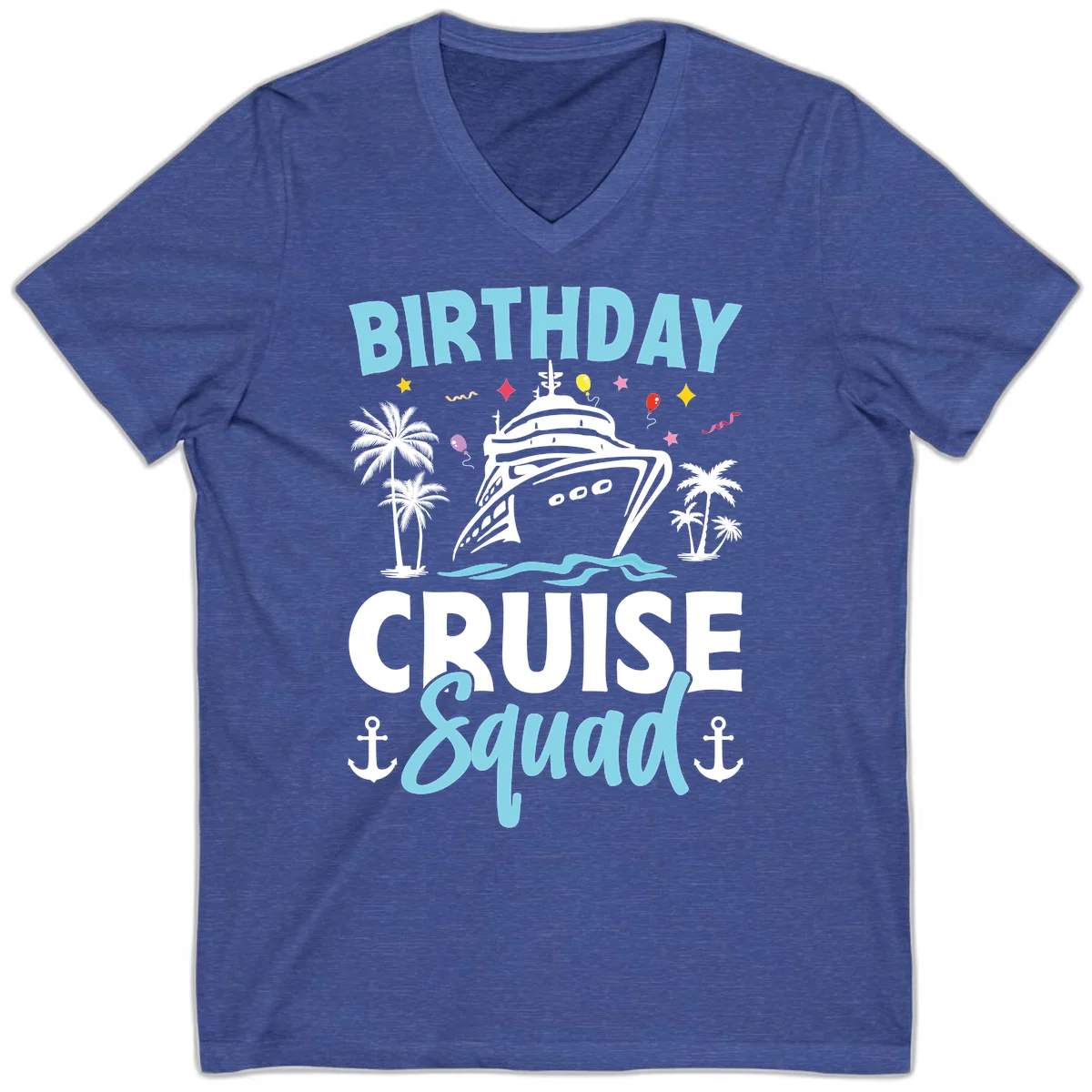Birthday Cruise Squad V-Neck Tee in Heather True Royal