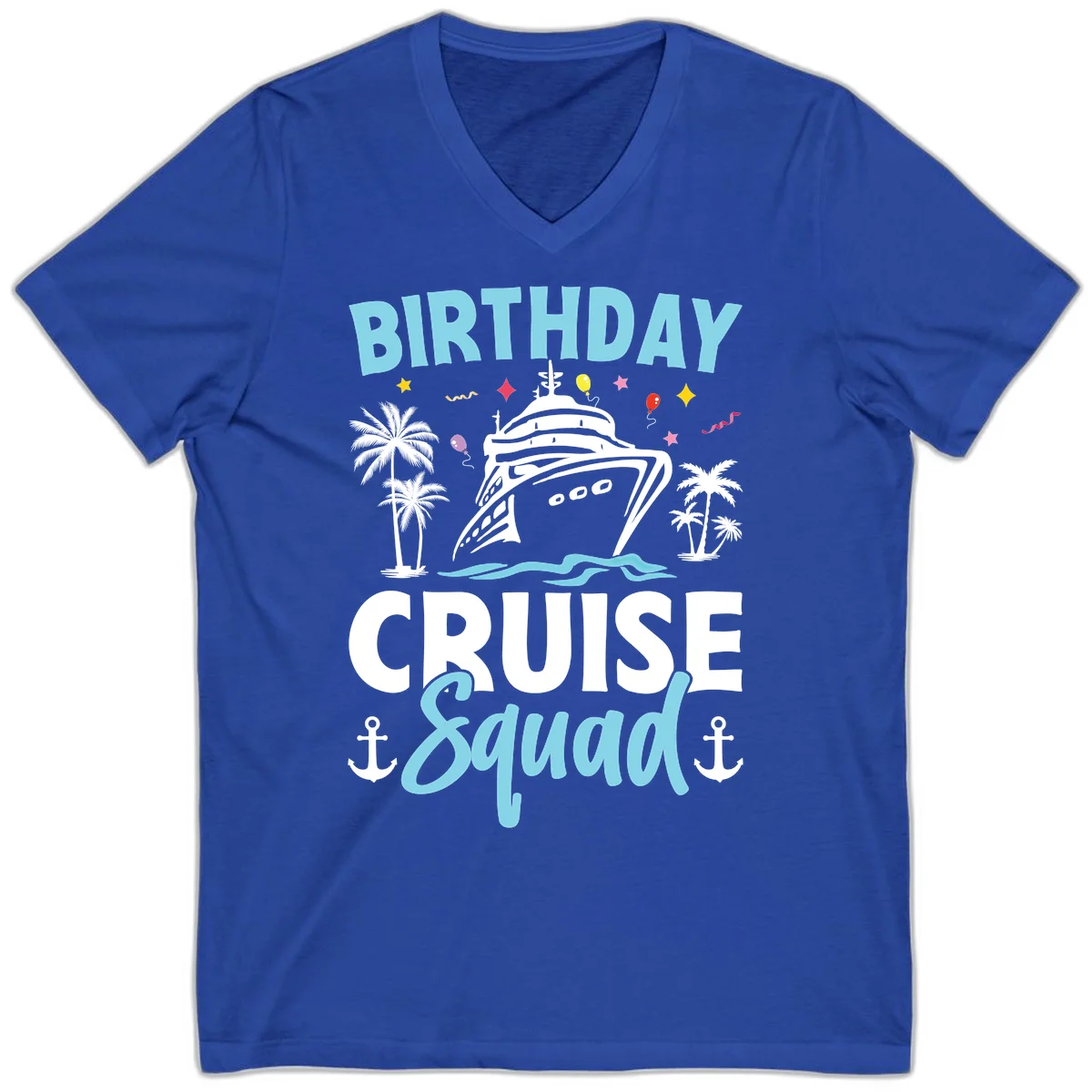 Birthday Cruise Squad V-Neck Tee in True Royal