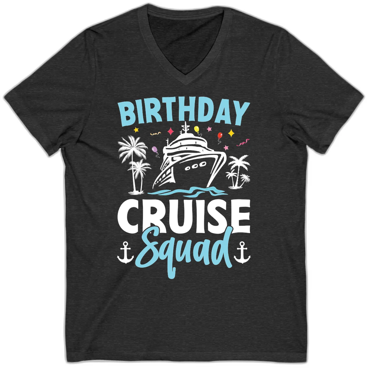Birthday Cruise Squad V-Neck Tee in Dark Grey Heather