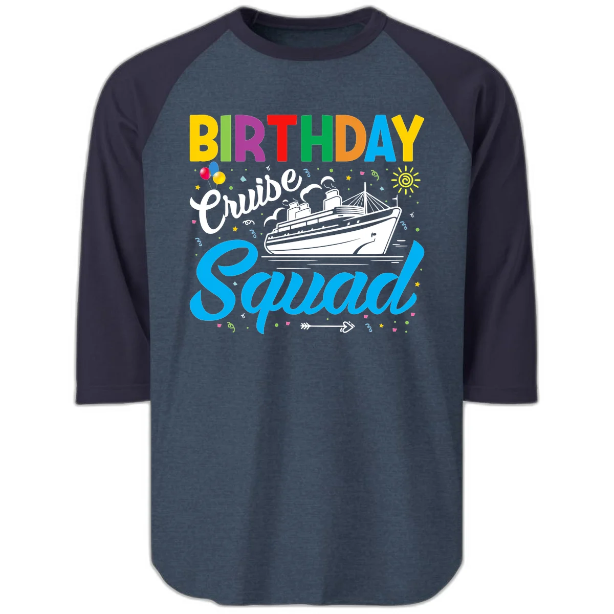 Birthday Cruise Squad Raglan 3/4 Tee in Heather Denim Navy