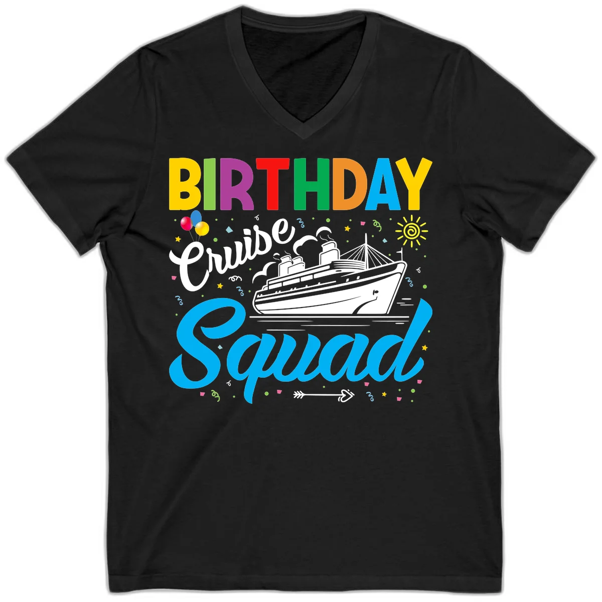 Birthday Cruise Squad V-Neck Tee in Black