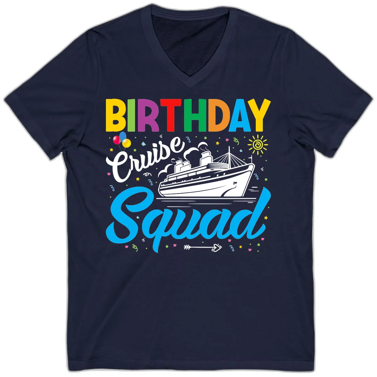 Birthday Cruise Squad V-Neck Tee in Navy
