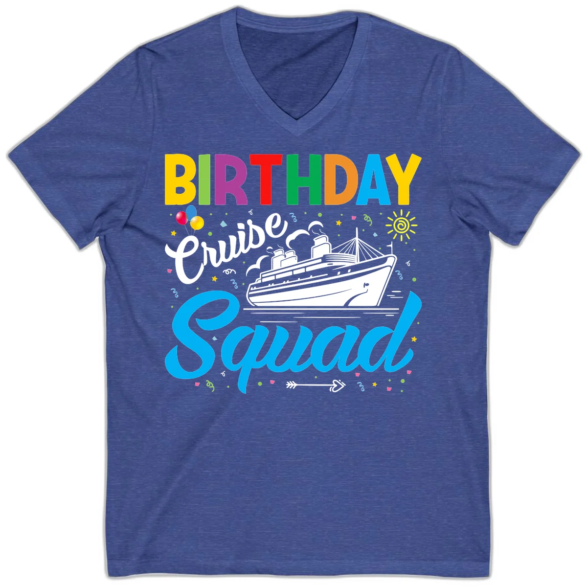 Birthday Cruise Squad V-Neck Tee in Heather True Royal