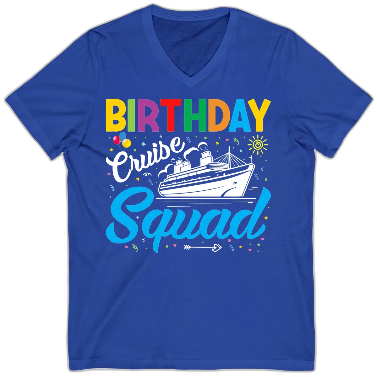 Birthday Cruise Squad V-Neck Tee in True Royal