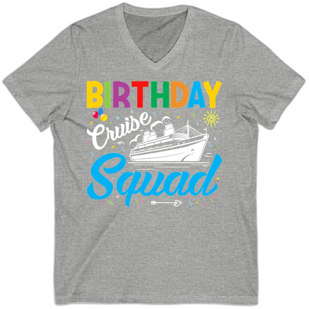 Birthday Cruise Squad V-Neck Tee in Athletic Heather