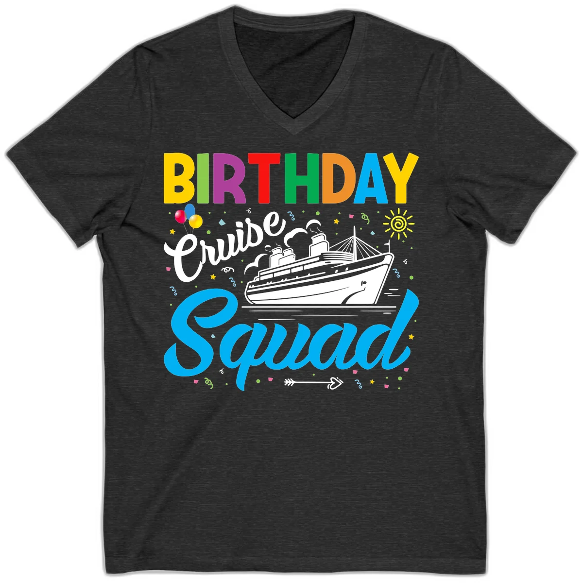 Birthday Cruise Squad V-Neck Tee in Dark Grey Heather