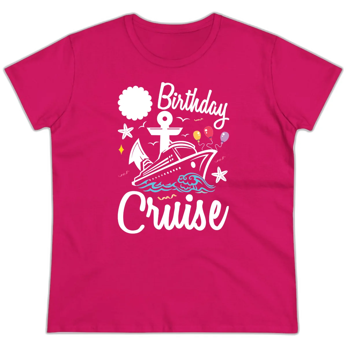 Birthday Cruise Nautical Celebration Ladies Tee in Heliconia