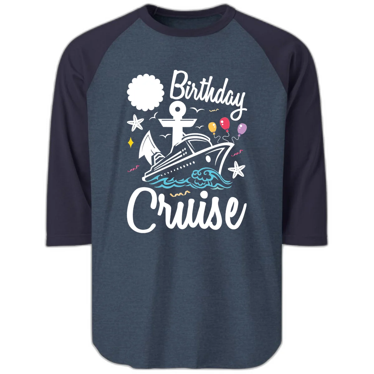 Birthday Cruise Nautical Celebration Raglan 3/4 in Heather Denim Navy
