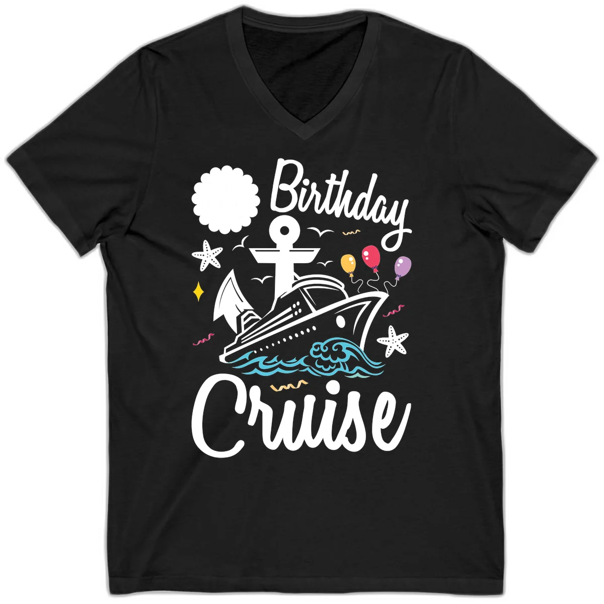 Birthday Cruise Nautical Celebration V-Neck in Black