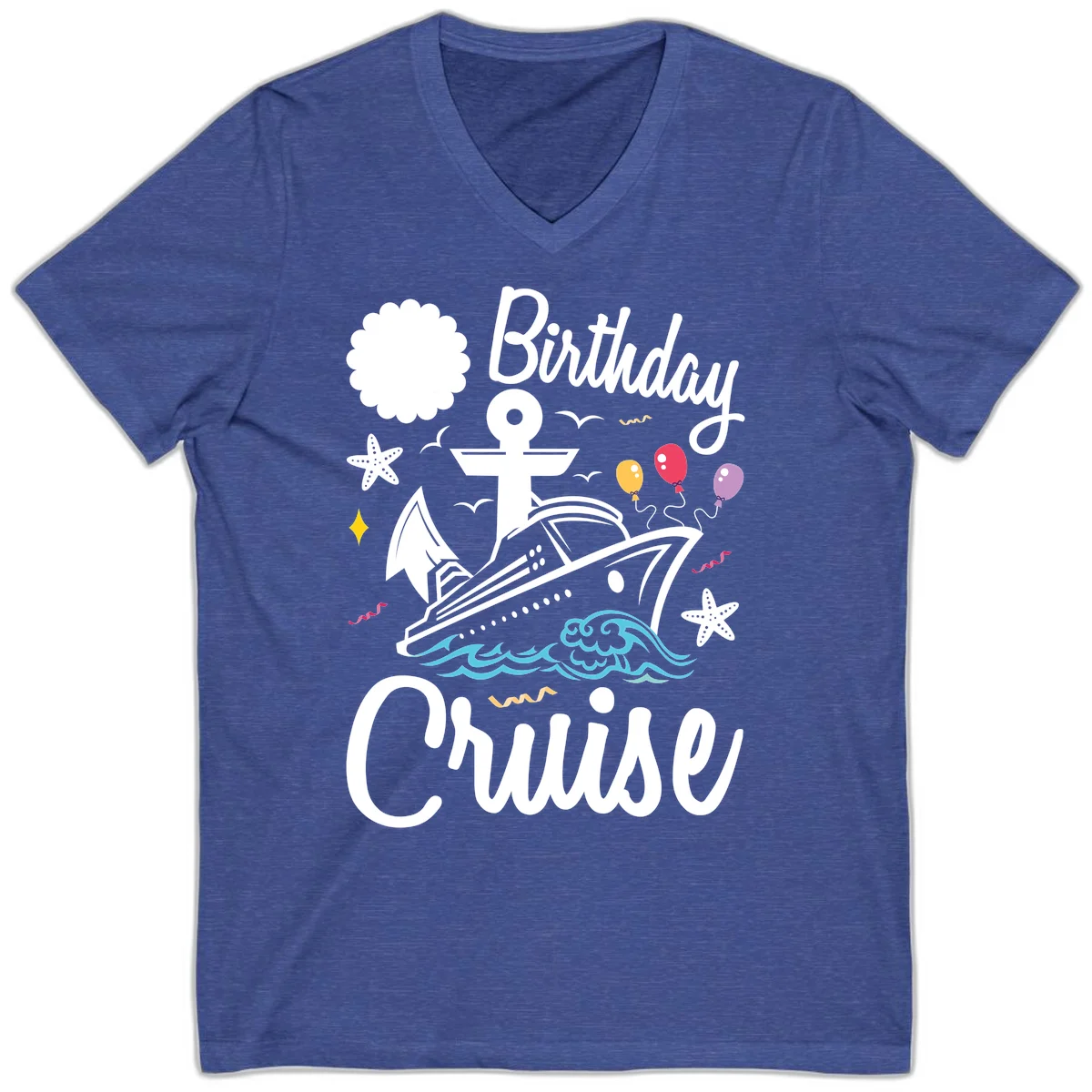 Birthday Cruise Nautical Celebration V-Neck in Heather True Royal