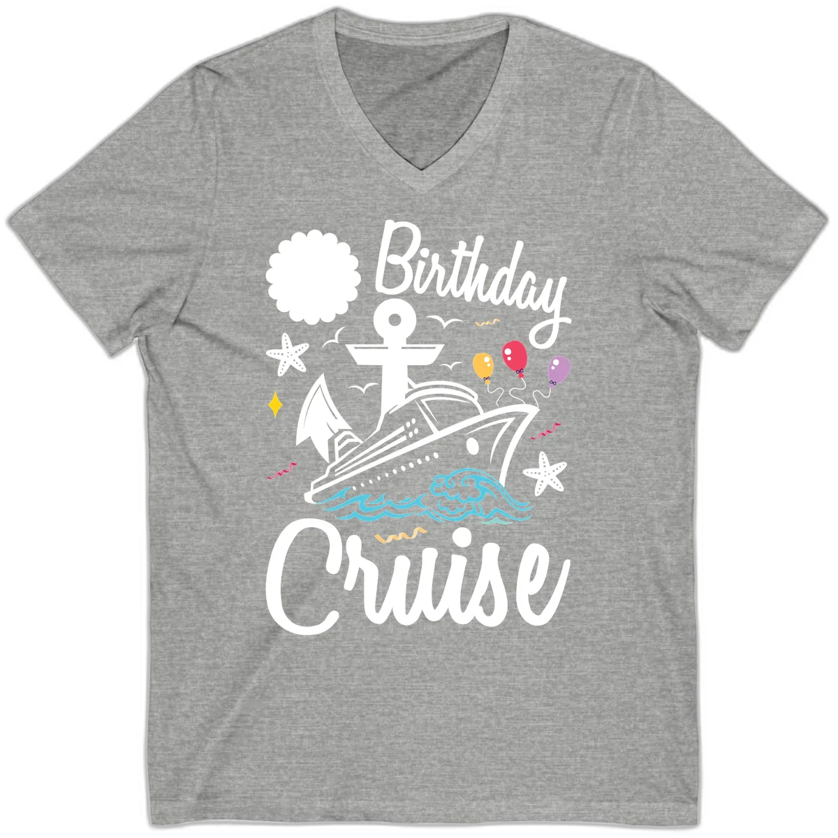 Birthday Cruise Nautical Celebration V-Neck in Athletic Heather