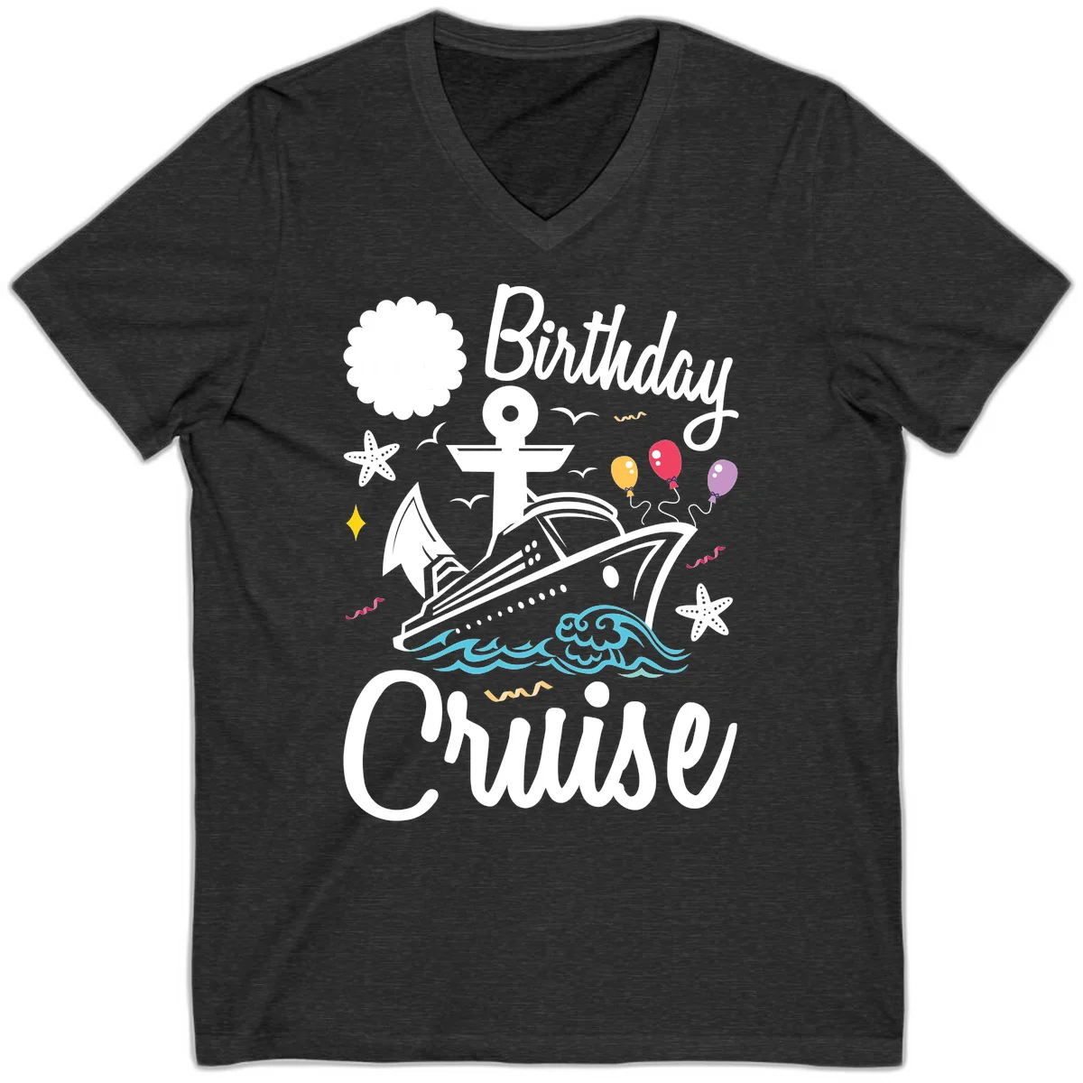 Birthday Cruise Nautical Celebration V-Neck in Dark Grey Heather