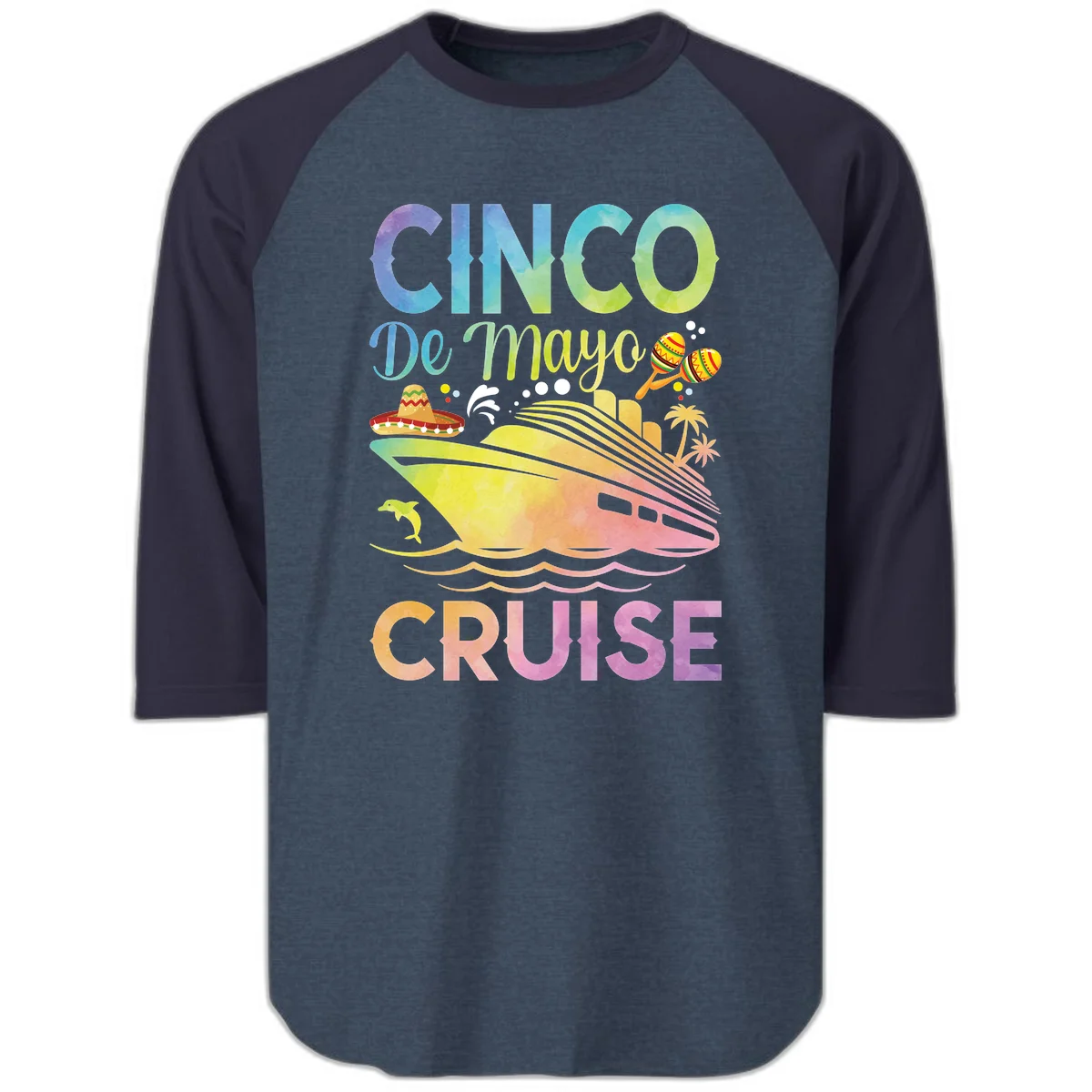 Cinco De Mayo Cruise Raglan 3/4 Sleeve Tee in Heather Denim Navy