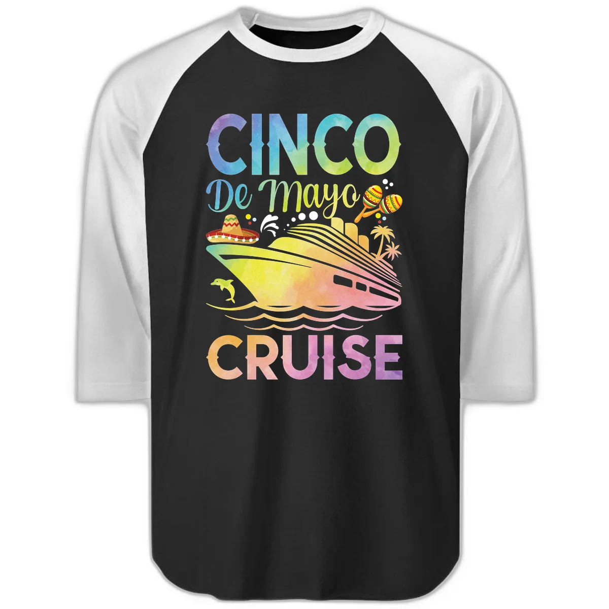Cinco De Mayo Cruise Raglan 3/4 Sleeve Tee in Black White