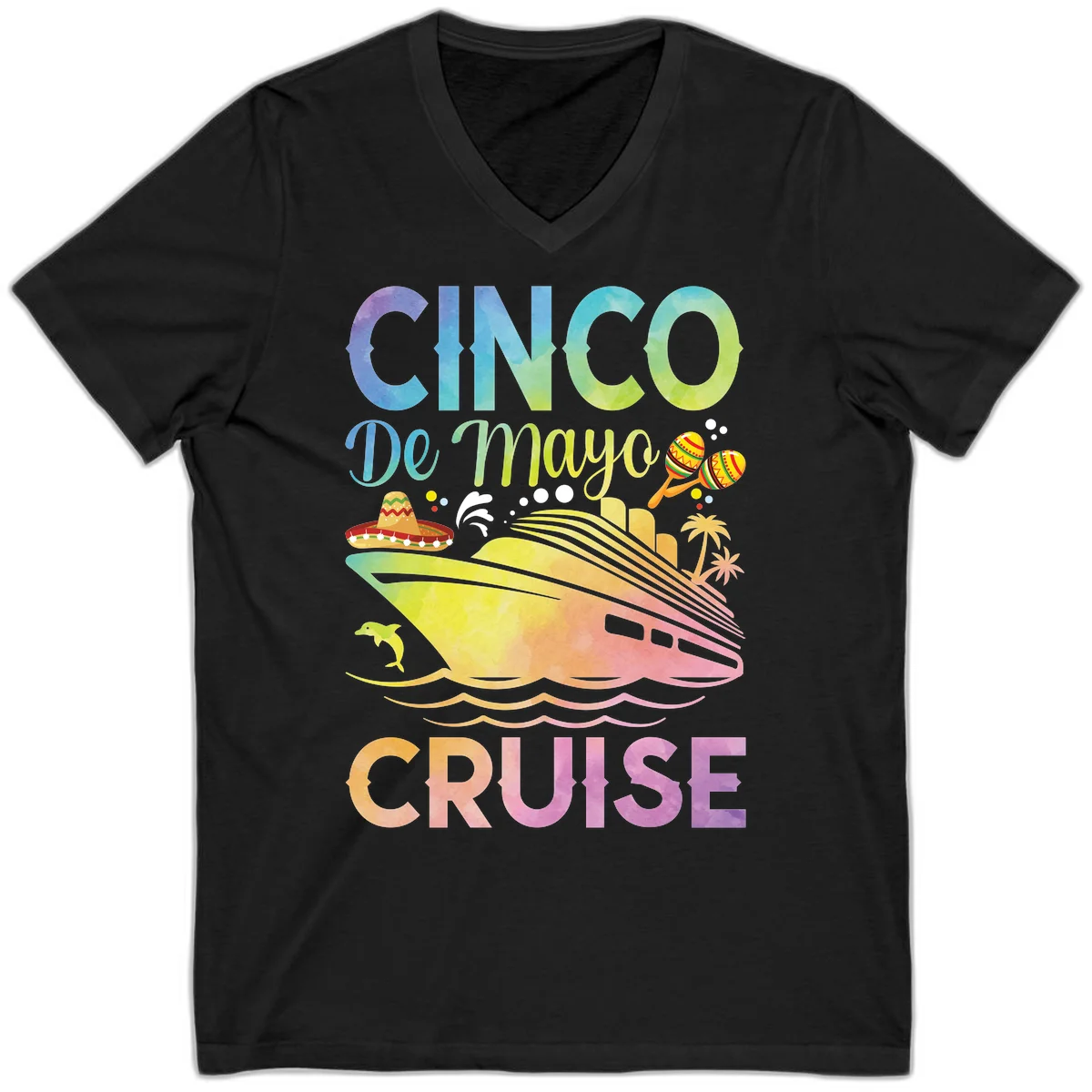 Cinco De Mayo Cruise Fiesta V-Neck T-Shirt in Black