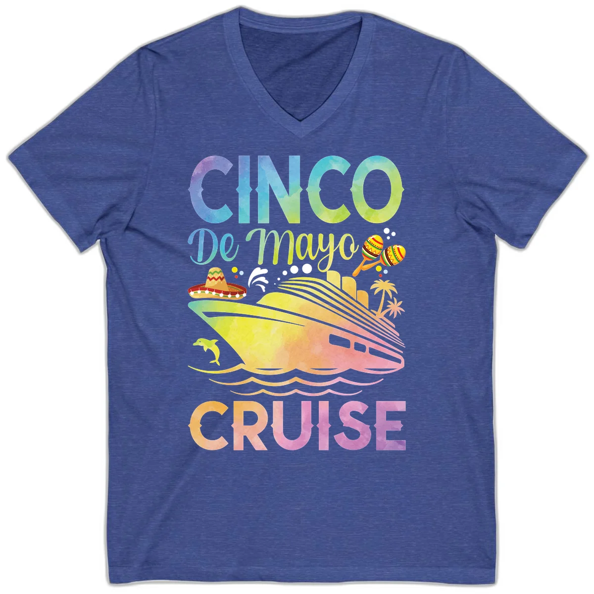Cinco De Mayo Cruise Fiesta V-Neck T-Shirt in Heather True Royal