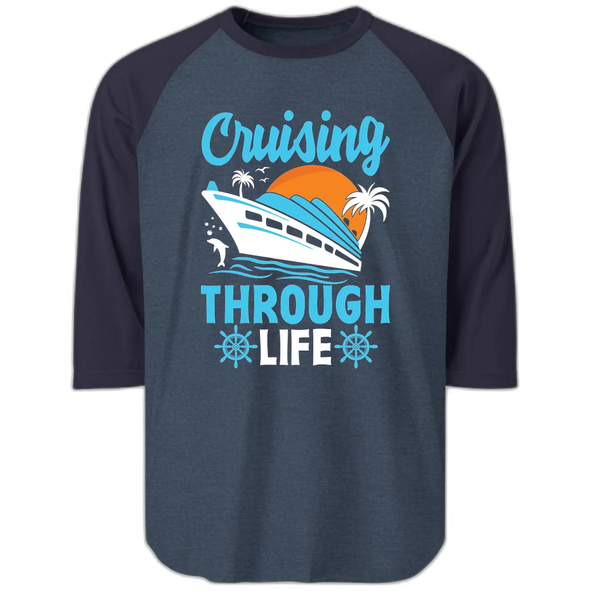 Cruising Through Life Raglan 3/4 - Baseball Tee in Heather Denim Navy