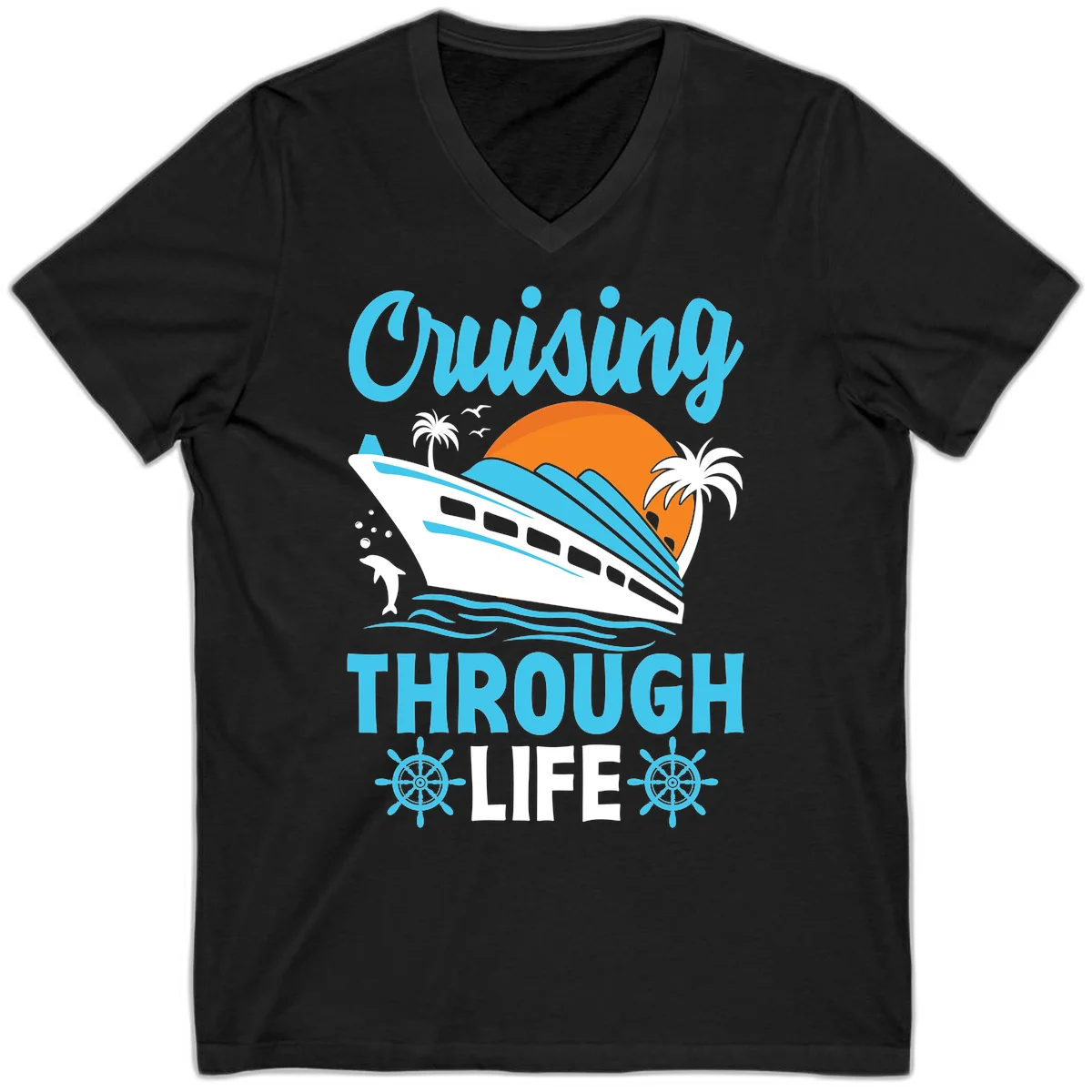 Cruising Through Life V-Neck Tee - Nautical Style in Black