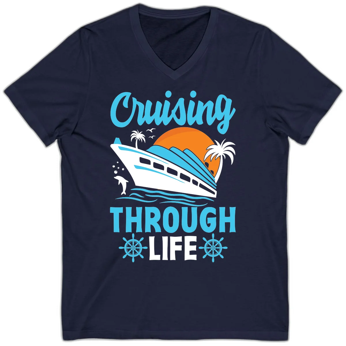Cruising Through Life V-Neck Tee - Nautical Style in Navy
