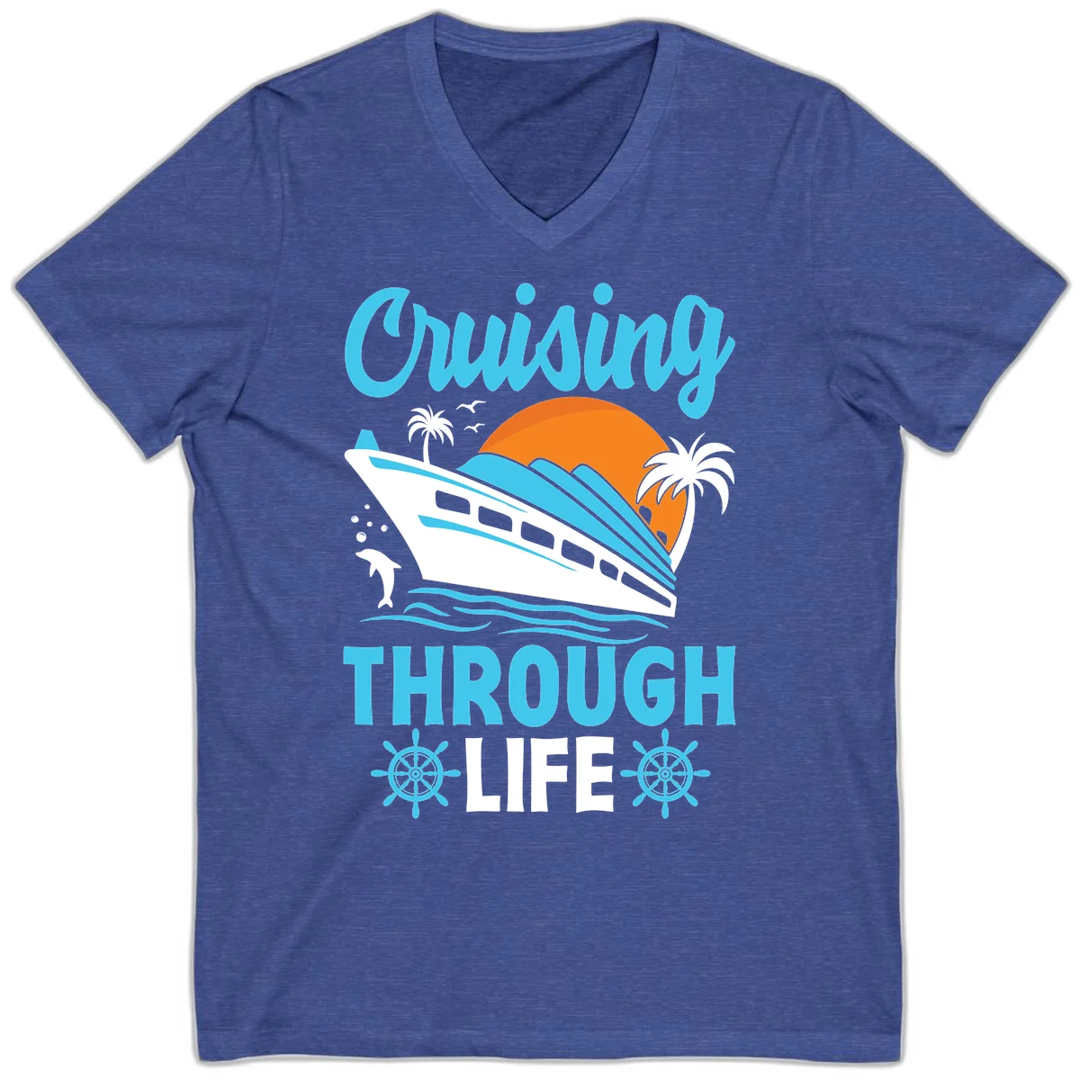 Cruising Through Life V-Neck Tee - Nautical Style in Heather True Royal