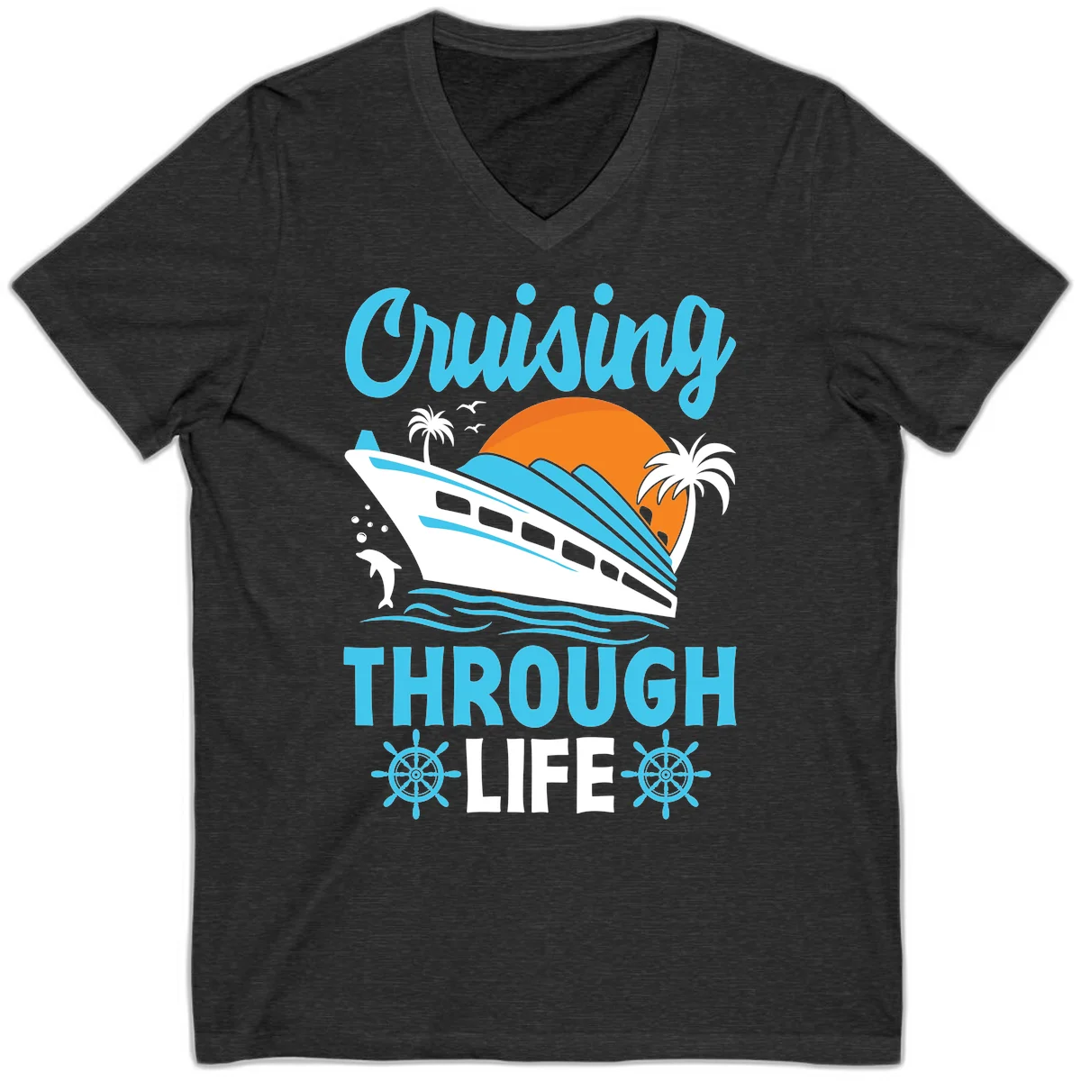 Cruising Through Life V-Neck Tee - Nautical Style in Dark Grey Heather