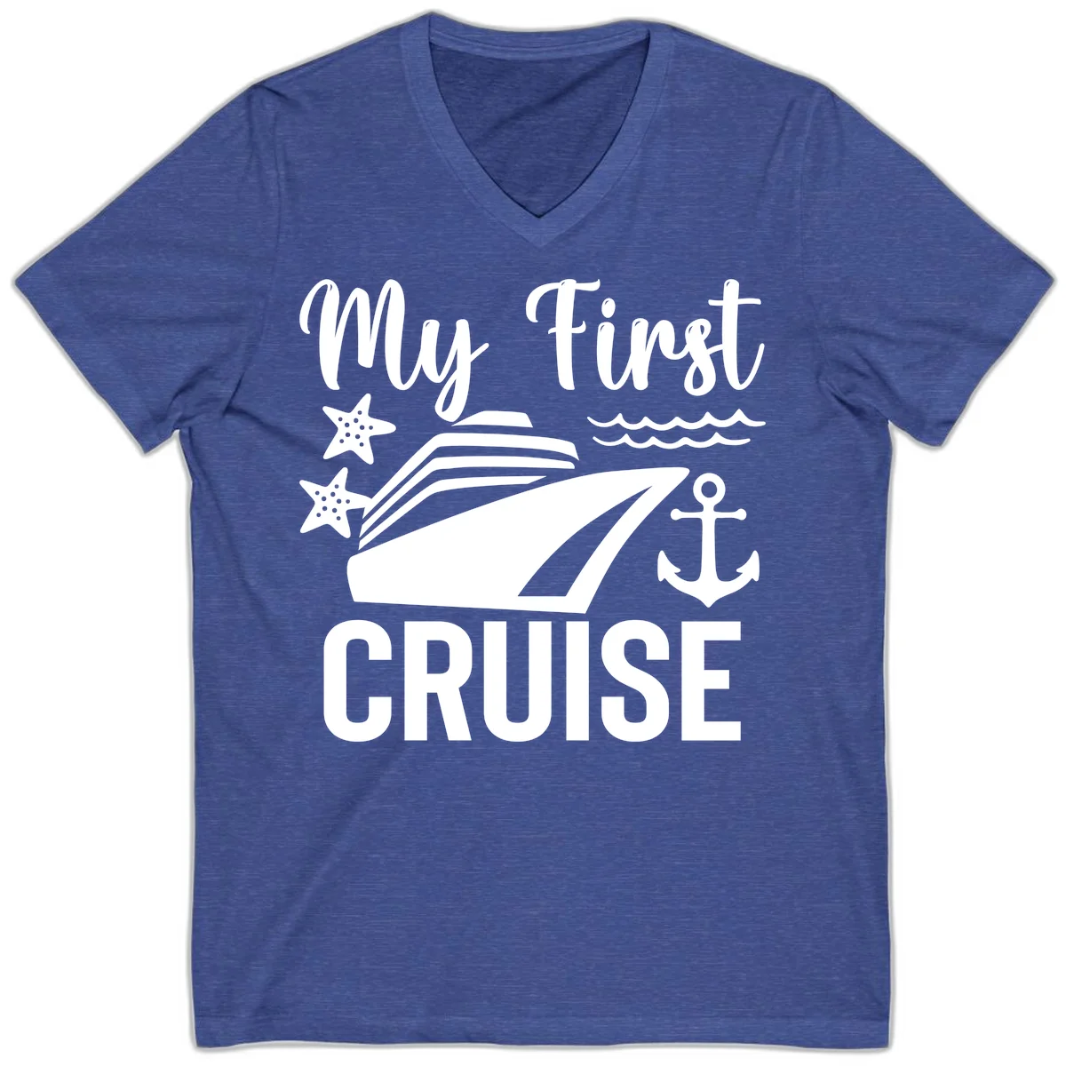My First Cruise V-Neck T-Shirt for Your Voyage in Heather True Royal