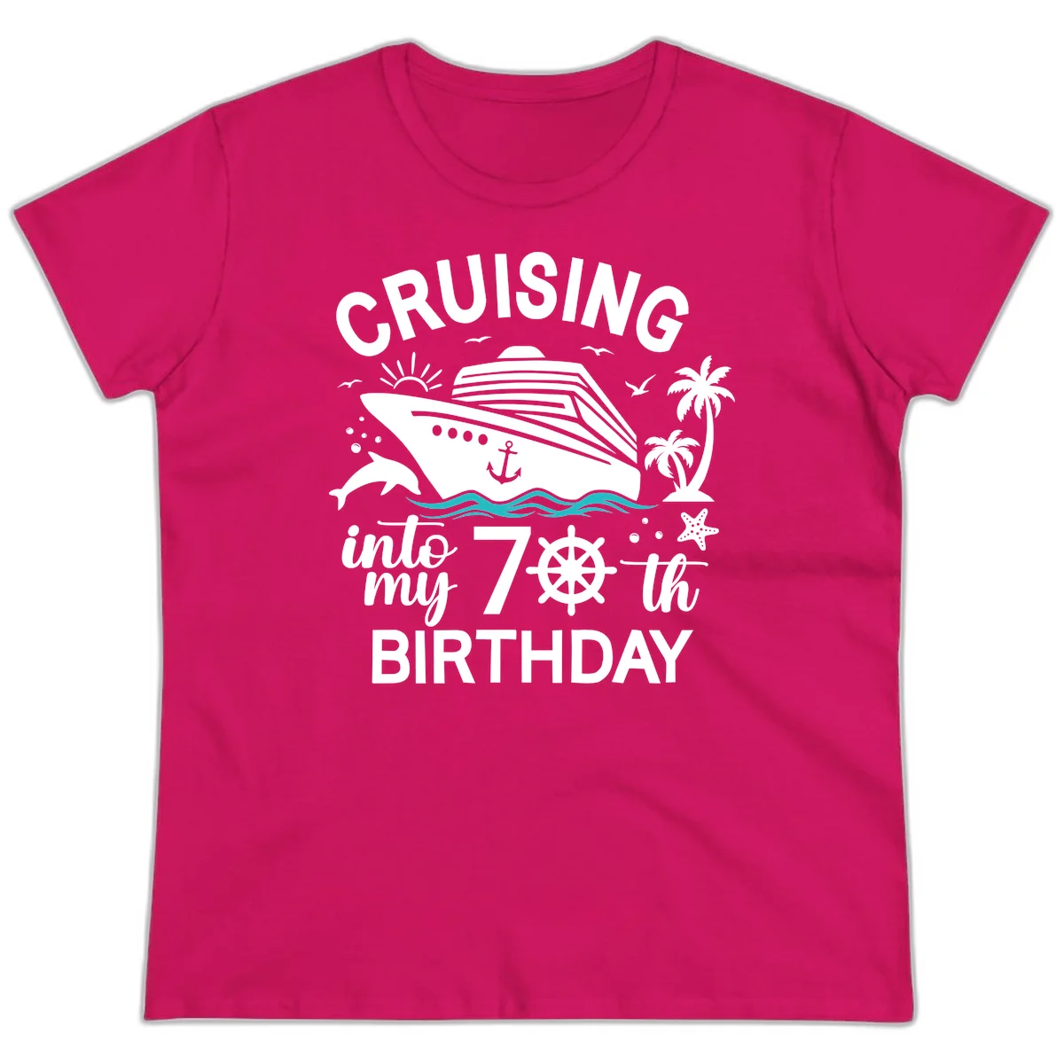 Cruising Into My 70th Birthday Ladies Tee in Heliconia