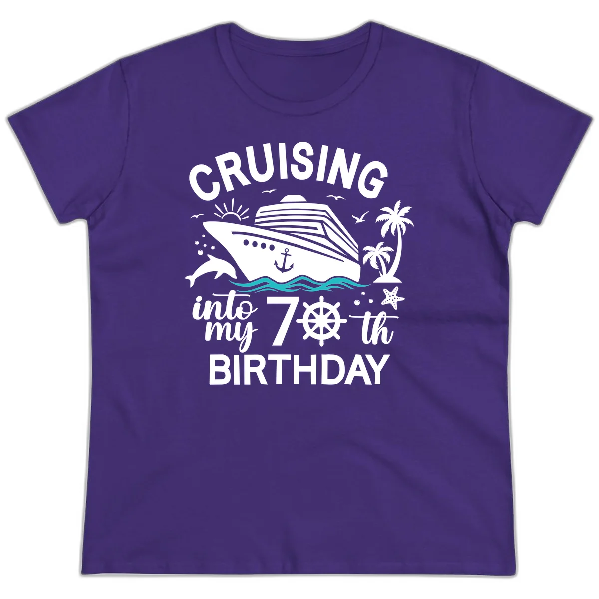 Cruising Into My 70th Birthday Ladies Tee in Purple