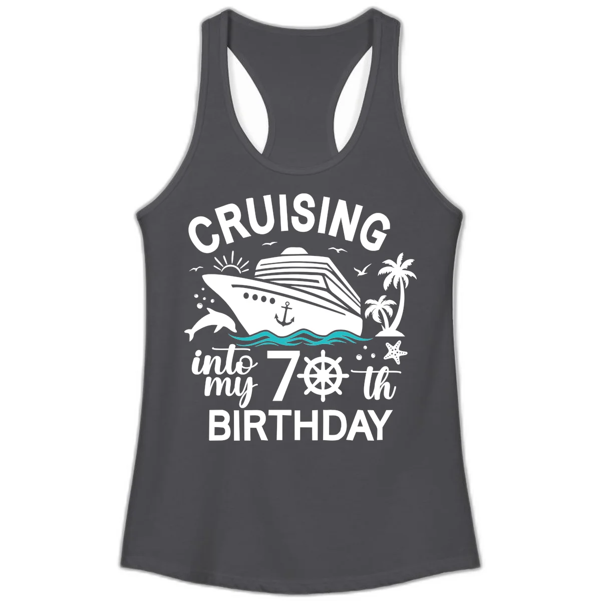 Cruising Into My 70th Birthday Ladies Tank in Solid Dark Gray