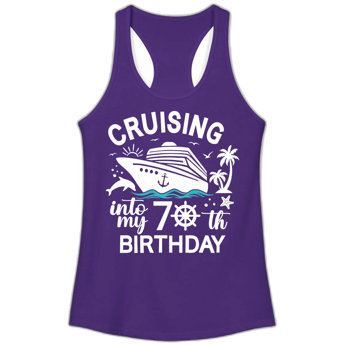 Cruising Into My 70th Birthday Ladies Tank in Solid Purple Rush