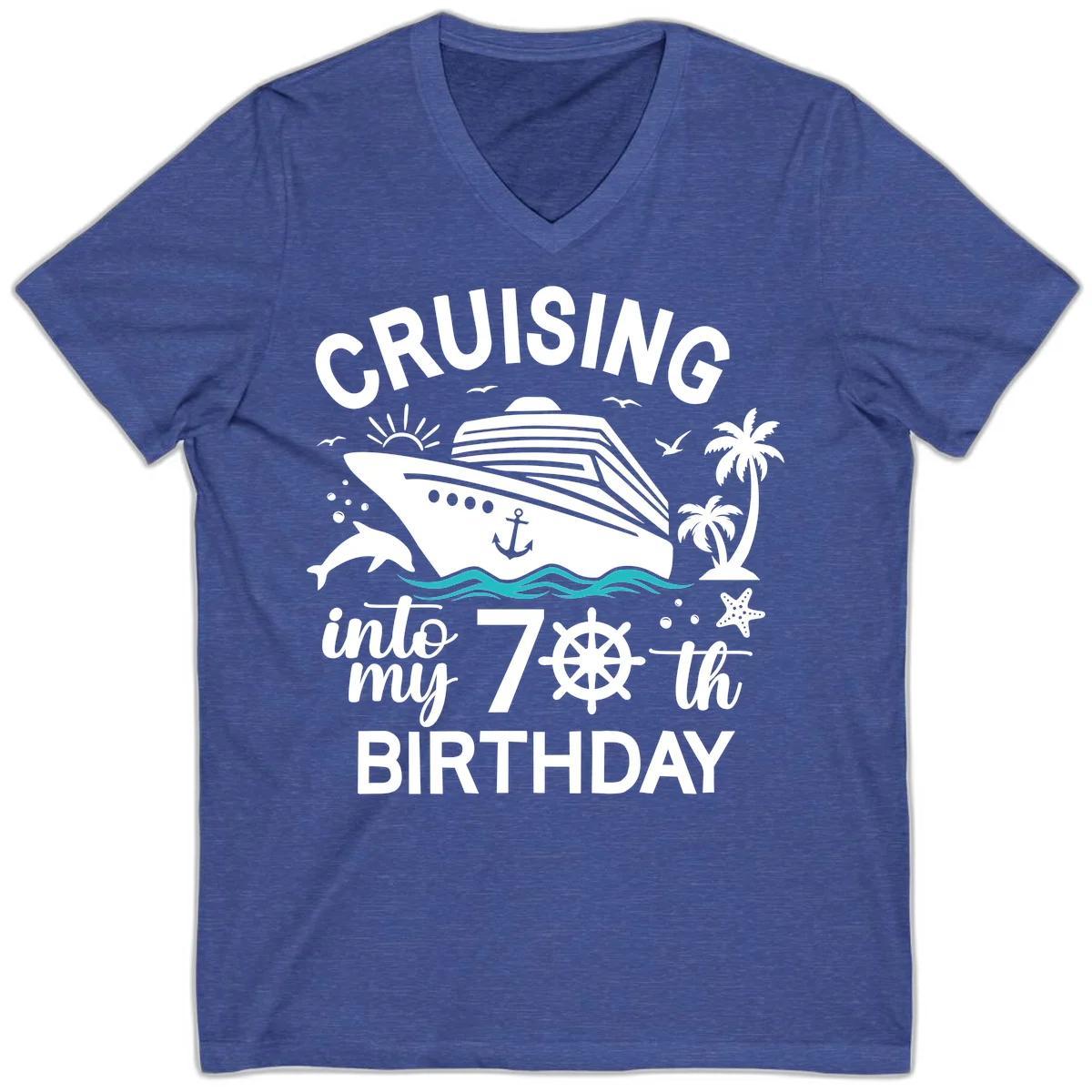 Cruising Into My 70th Birthday V-Neck T-Shirt in Heather True Royal