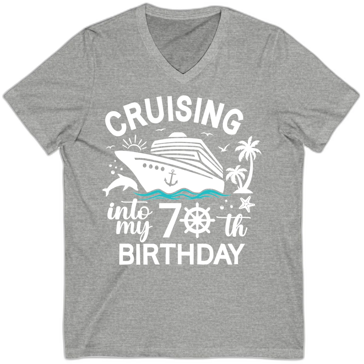 Cruising Into My 70th Birthday V-Neck T-Shirt in Athletic Heather