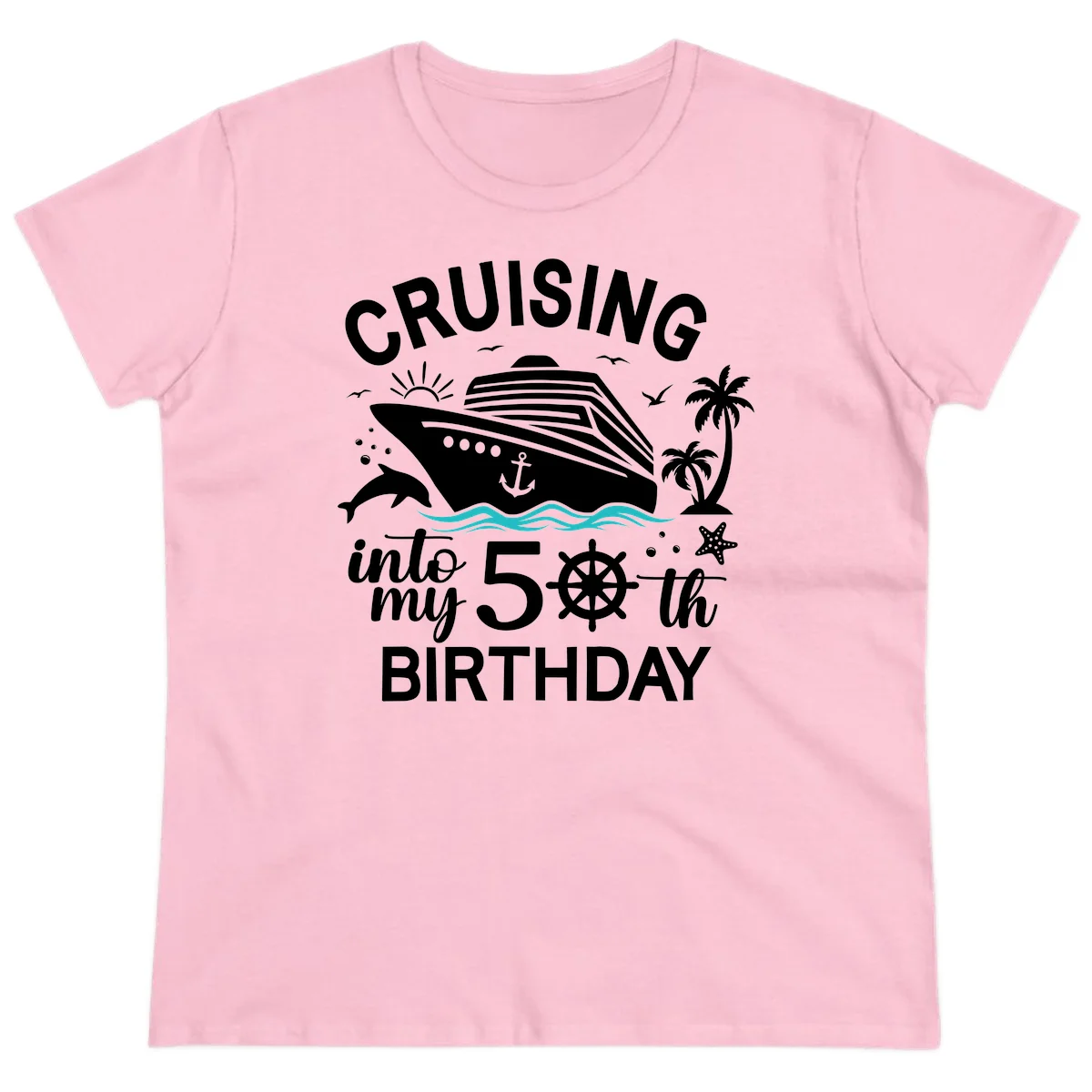 Cruising Into My 50th Birthday Ladies Tee in Light Pink