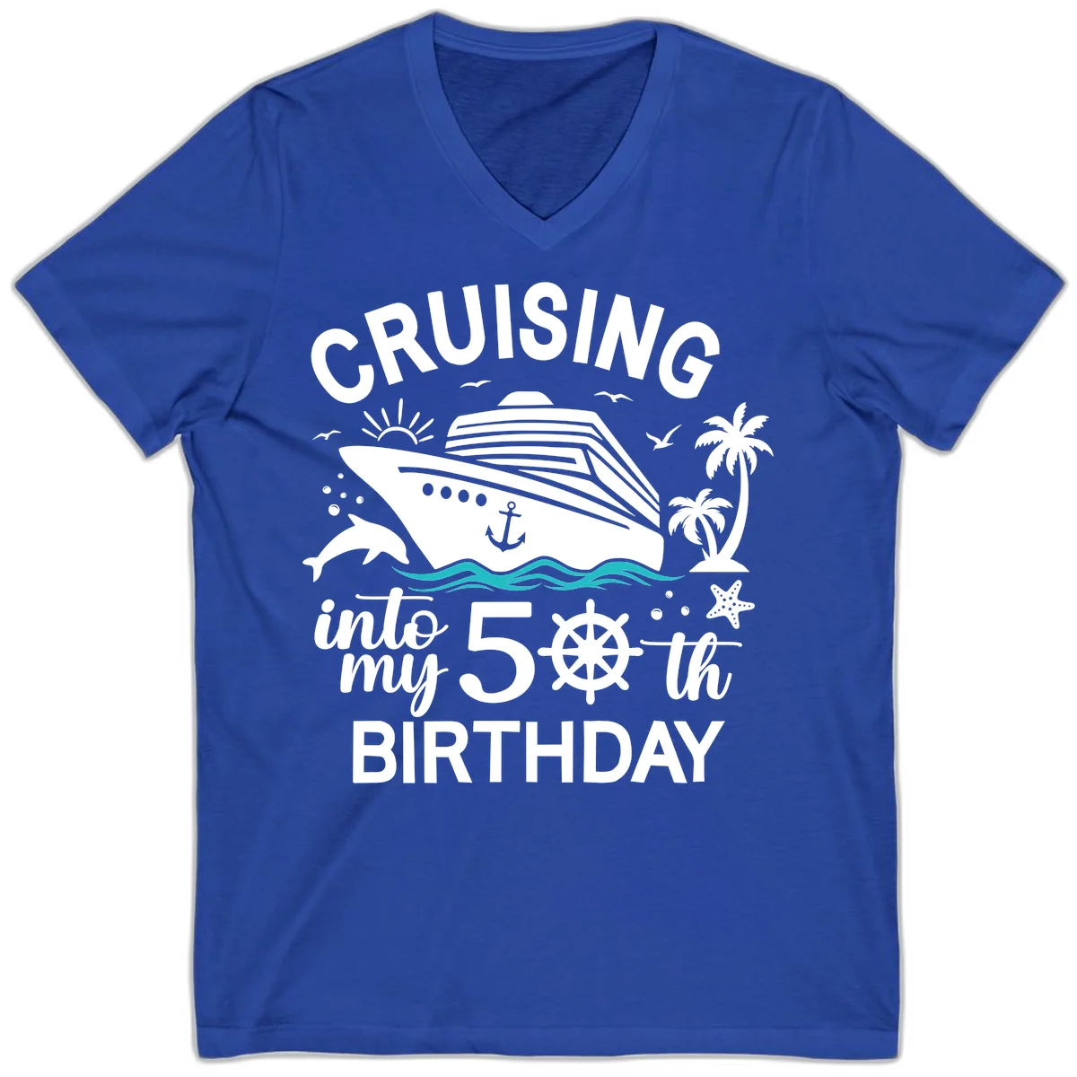 Cruising Into My 50th Birthday V-Neck in True Royal
