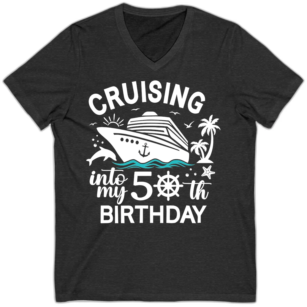 Cruising Into My 50th Birthday V-Neck in Dark Grey Heather