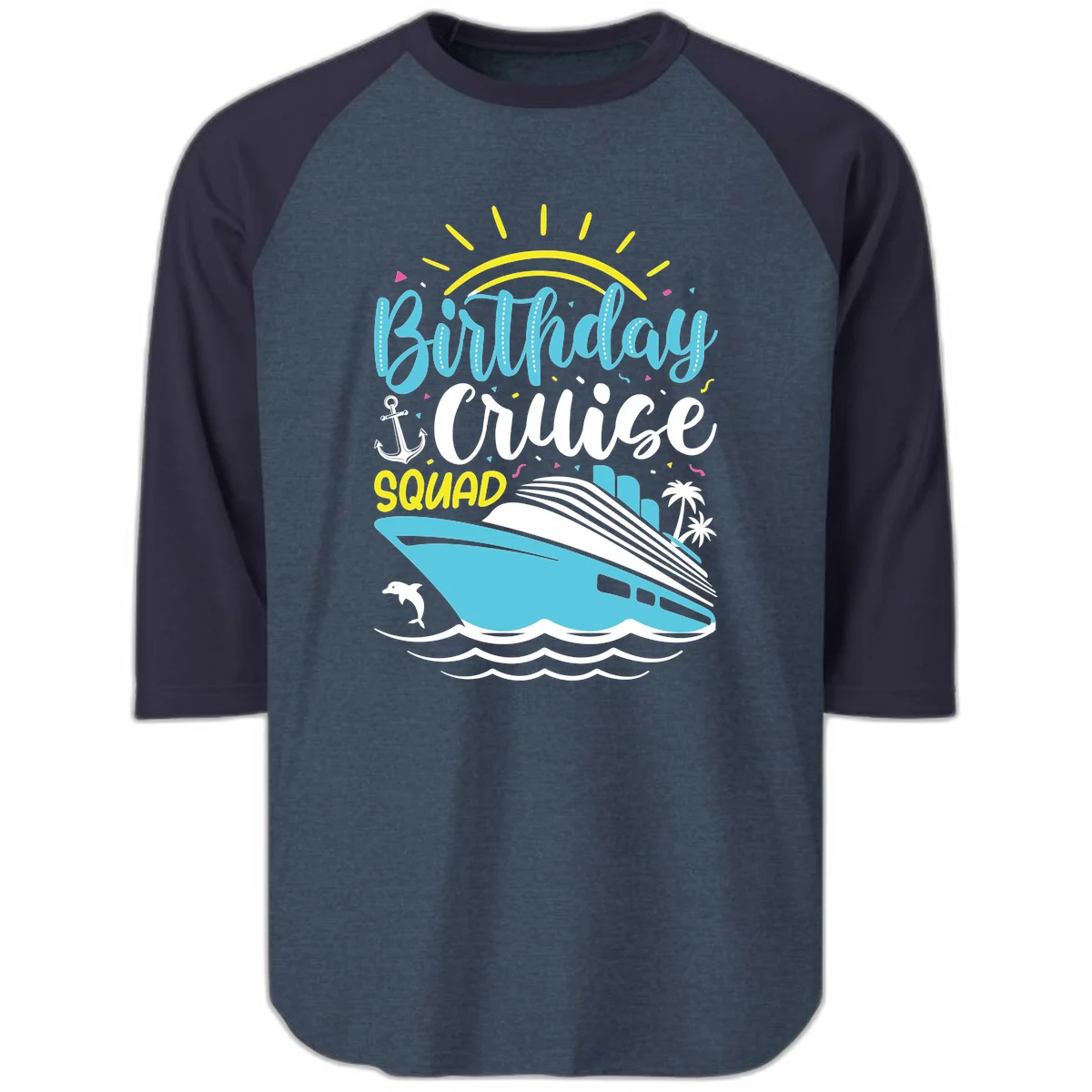 Birthday Cruise Squad Raglan 3/4 in Heather Denim Navy