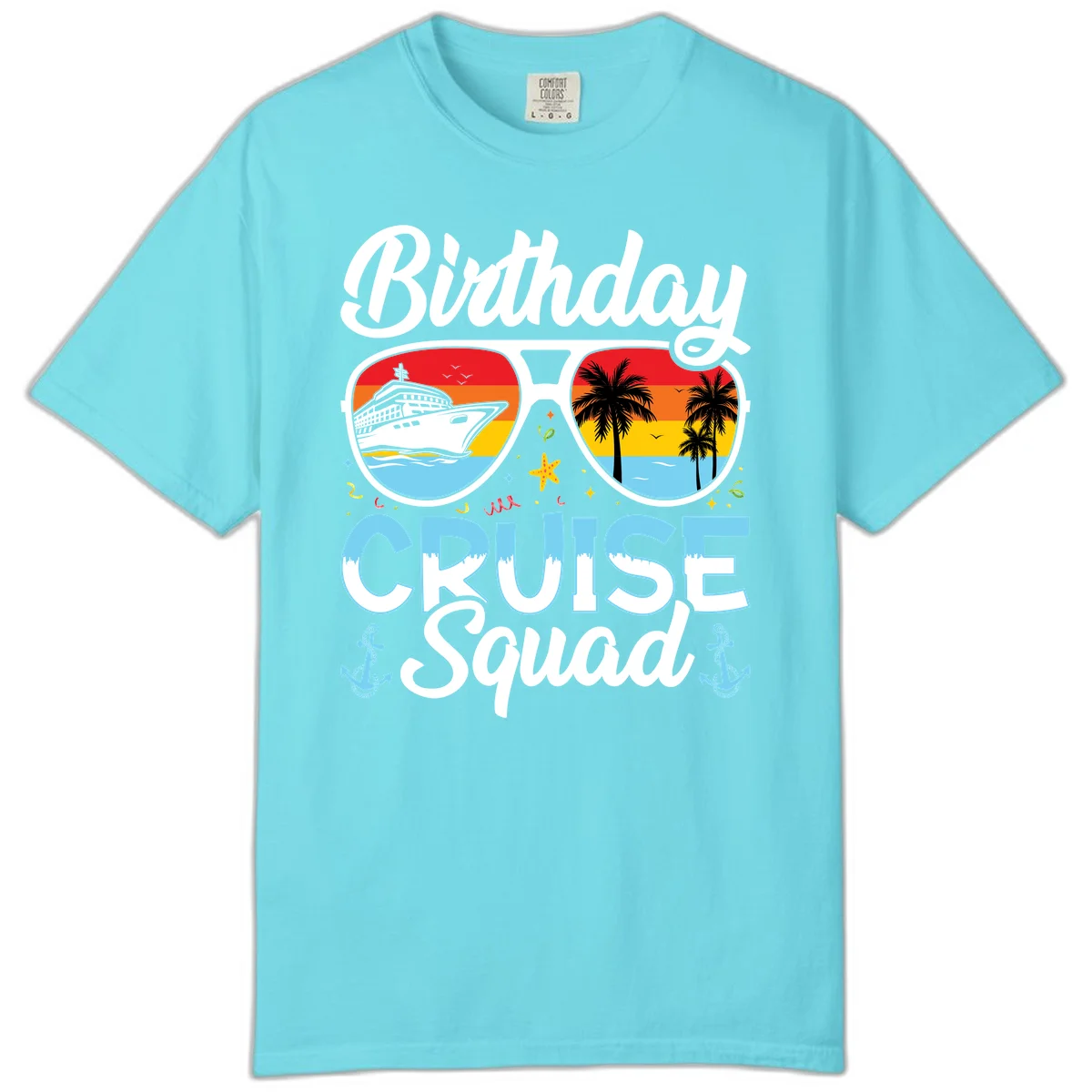 Birthday Cruise Squad Sunglasses Comfort Color T-Shirt in Lagoon Blue
