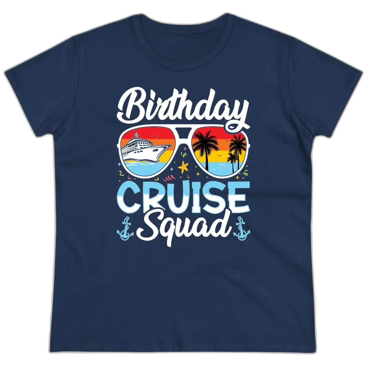 Birthday Cruise Squad Sunglasses Ladies Tee in Navy