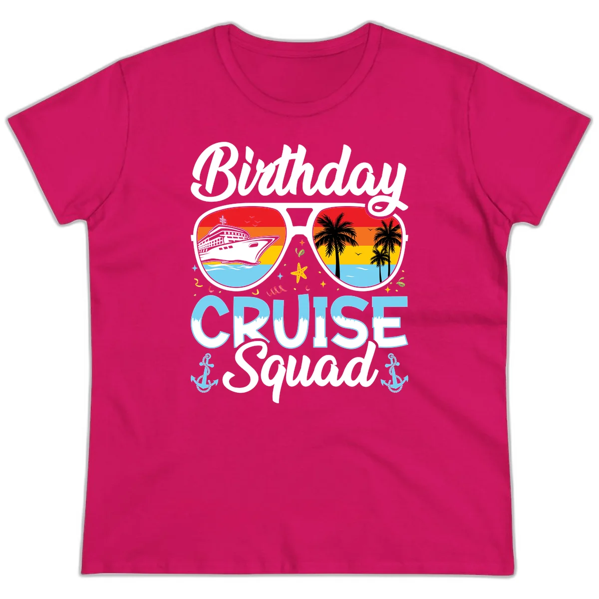 Birthday Cruise Squad Sunglasses Ladies Tee in Heliconia