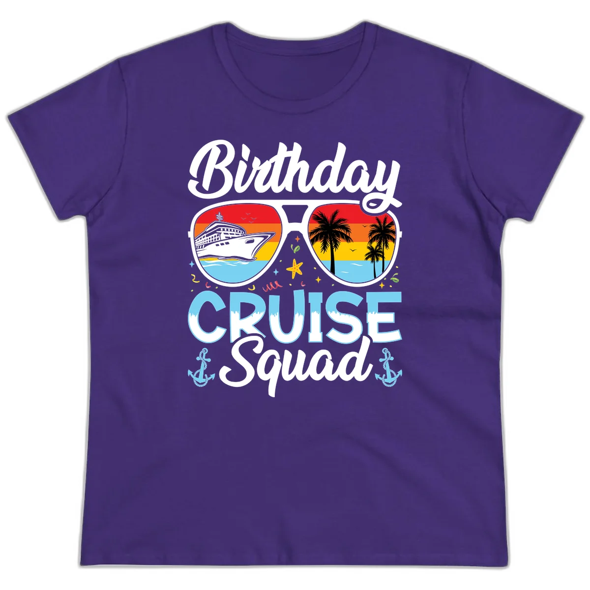 Birthday Cruise Squad Sunglasses Ladies Tee in Purple