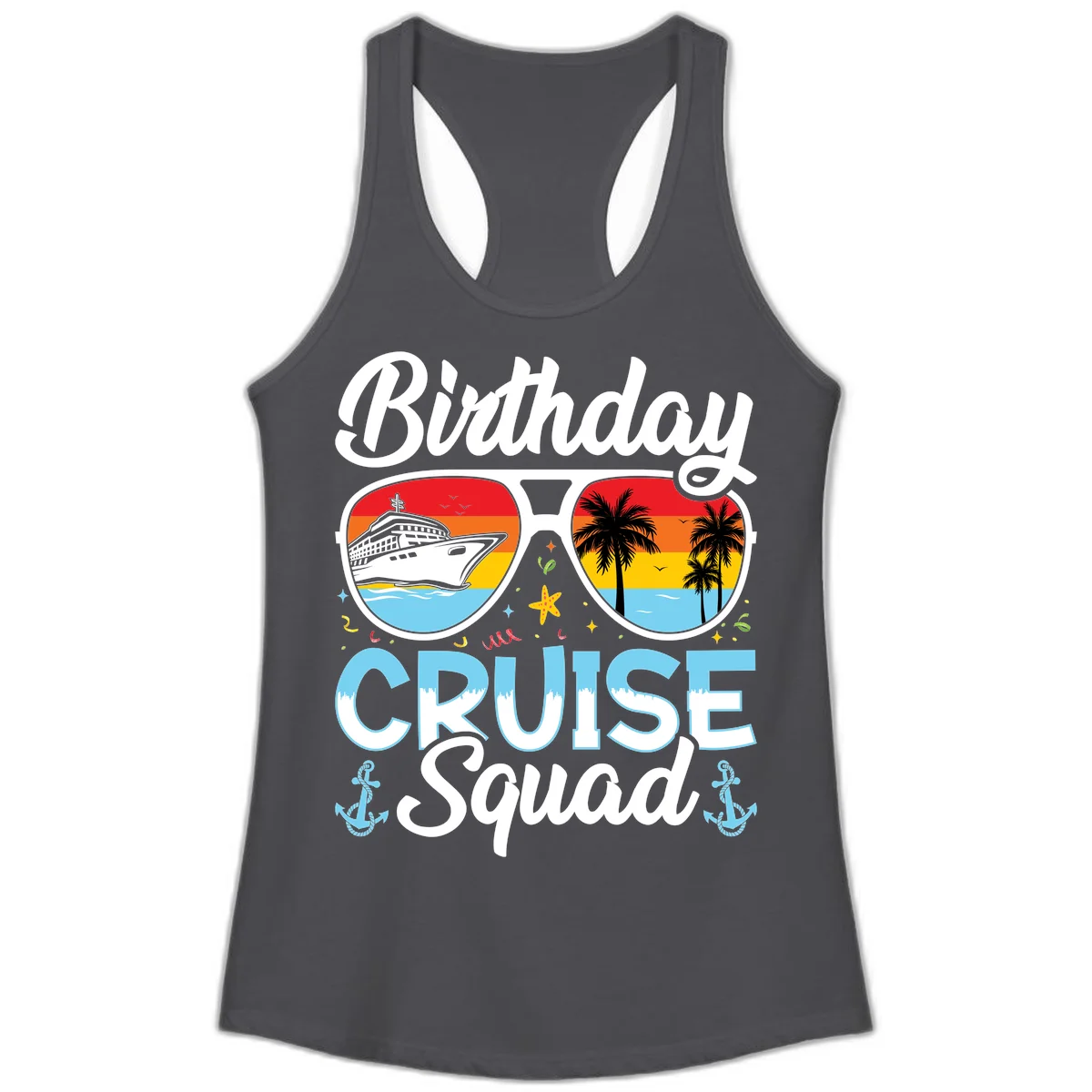 Birthday Cruise Squad Sunglasses Ladies Tank Top in Solid Dark Gray